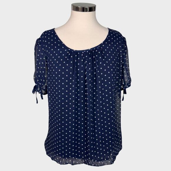 Tamara H. XL Navy Blue White Polka Dot Blouse Short Sleeve 100% Polyester - Picture 1 of 8